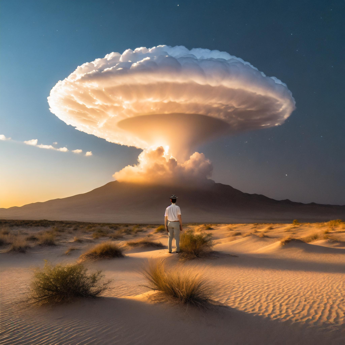 Note. AI generated image using Photoshop from the prompt man wearing a hat standing in front of the trinity explosion