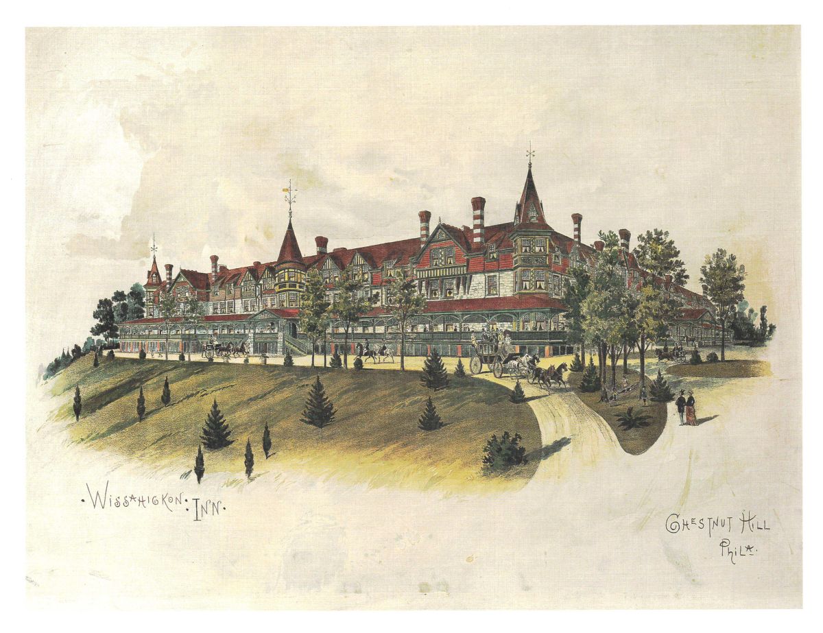 A view of the inn from Springfield Avenue side showing the wraparound porch, the original main entrance on the right, and the current exchange entrance on the left. 