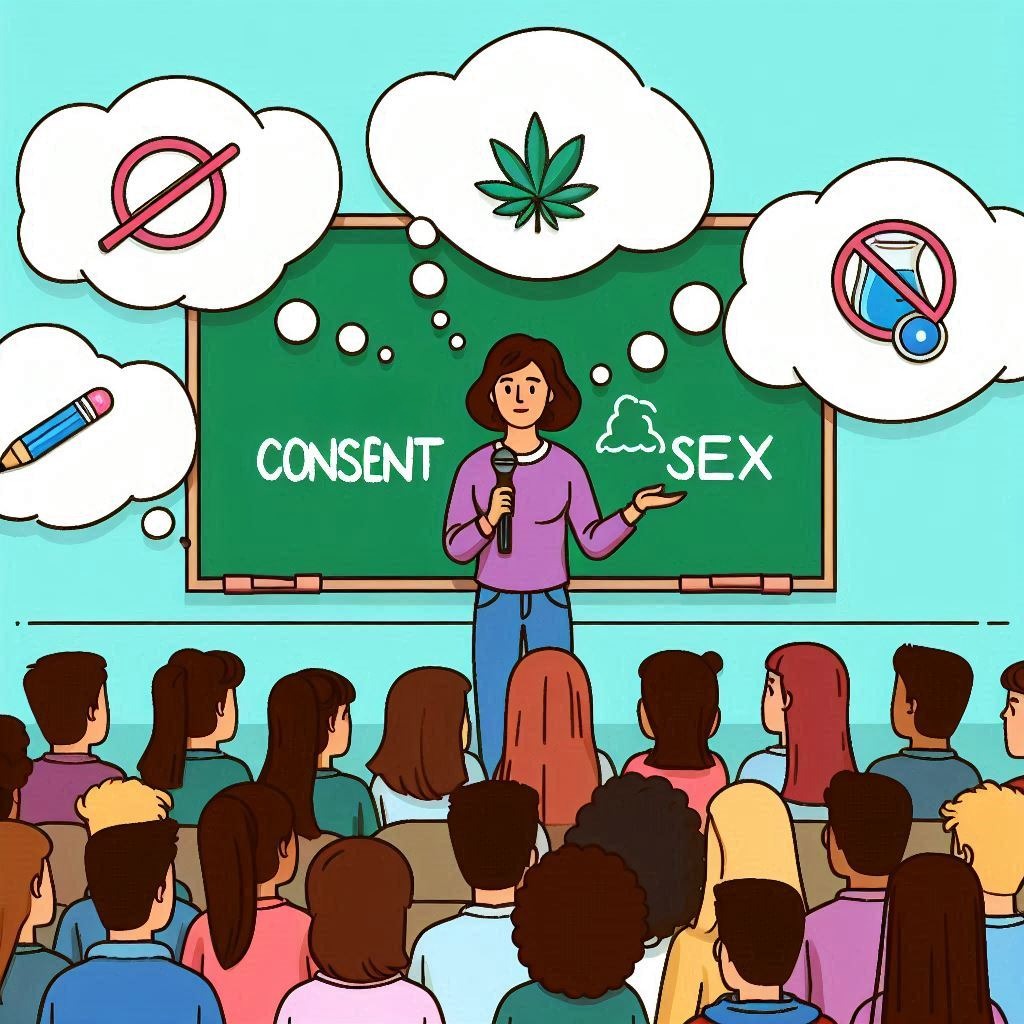 AI generated image from Microsoft Designer. Prompt: the scene is a female speaker talking about consent for a diverse group of teens with simple thought bubbles of things to consent to, like alcohol, drugs, and sex with no words
