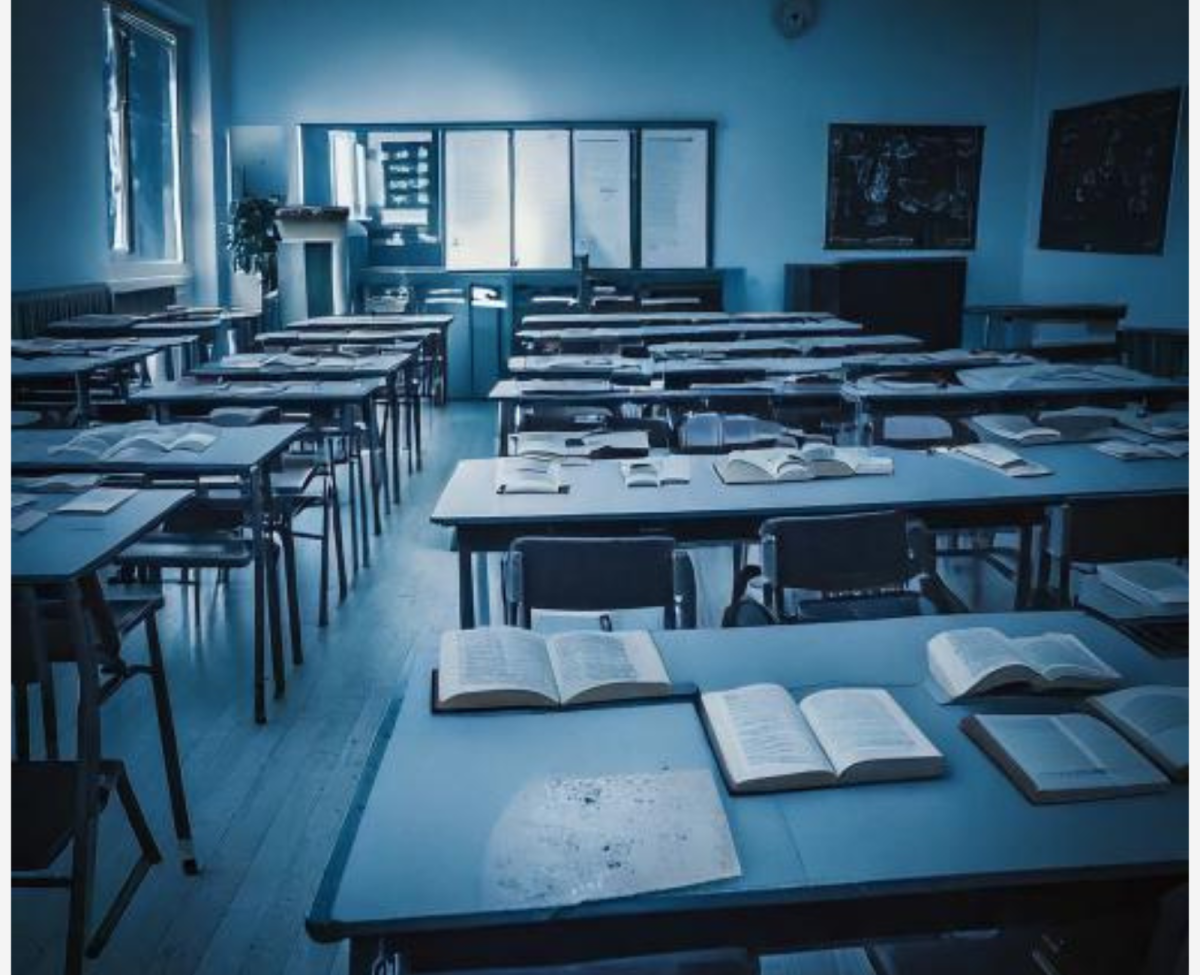 AI-generated image from Adobe Firefly. Prompt: Dimly lit classroom with empty desks. Books scattered across the room. A chalkboard in the background.
Cool, muted tones (grays, blues) create a dull mood. 