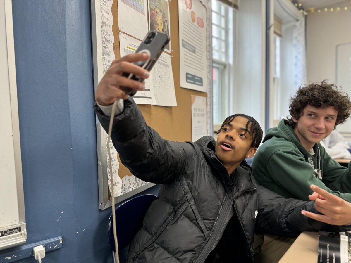 Jarrett Whaley '25 takes a selfie with Dylan Kaplan '25 in Film as Text Class.