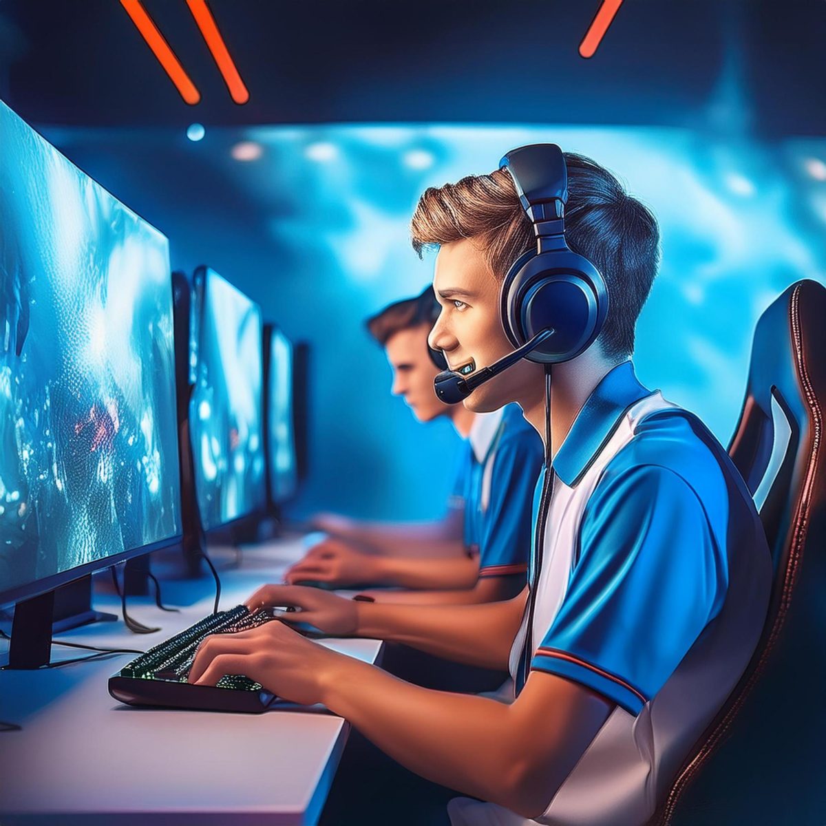 AI generated image from Adobe Firefly Prompt:generate an image of an esports gaming team playing computer games wearing light blue and navy shirts with headphones on