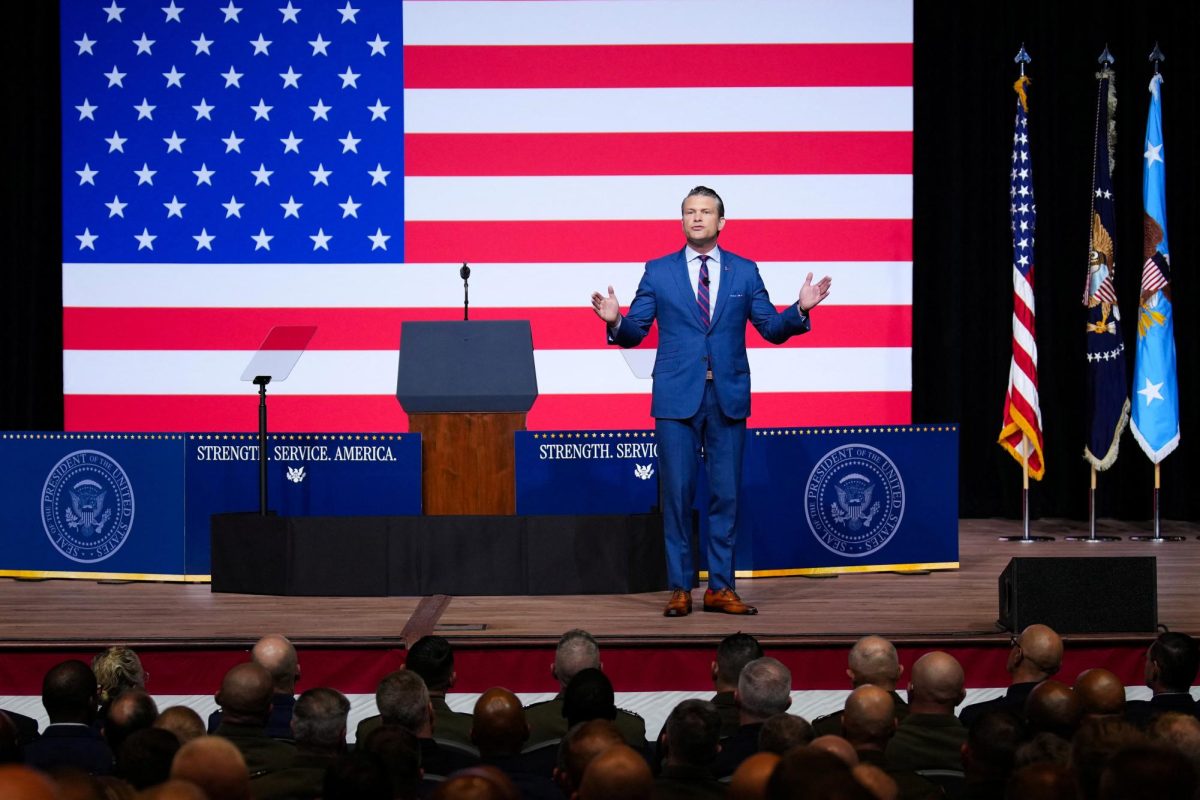 U.S. Secretary of War Pete Hegseth speaks to senior military leaders at Marine Corps Base Quantico, Virginia, U.S., September 30, 2025. Andrew Harnik/Pool via REUTERS
