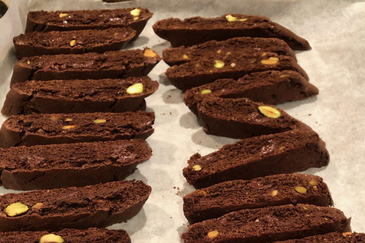 Ms. McNichols's homemade chocolate pistachio biscotti, cut and set out on a tray after the 2nd round of baking