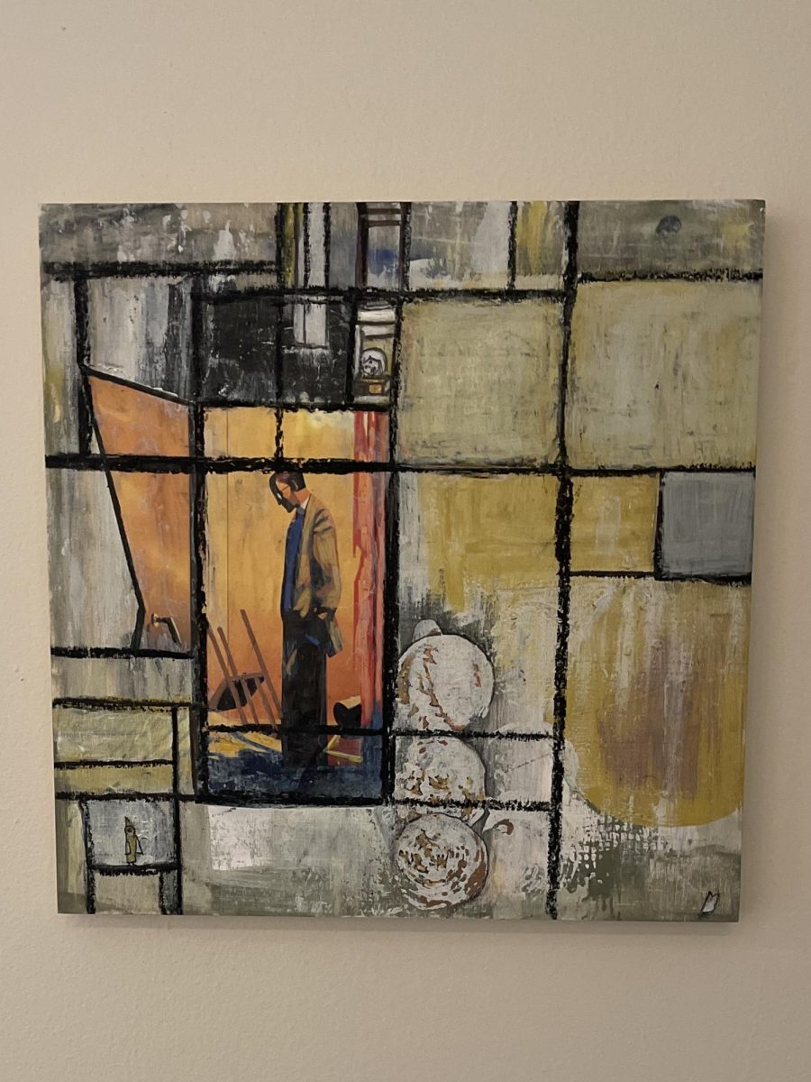 Philadelphia Inspired: One of de Stolte’s abstract pieces, combining a collage and painting, which she has focused on Philadelphia Inspiration. This is a collage featuring a man standing indoors in an apartment in Philadelphia. 