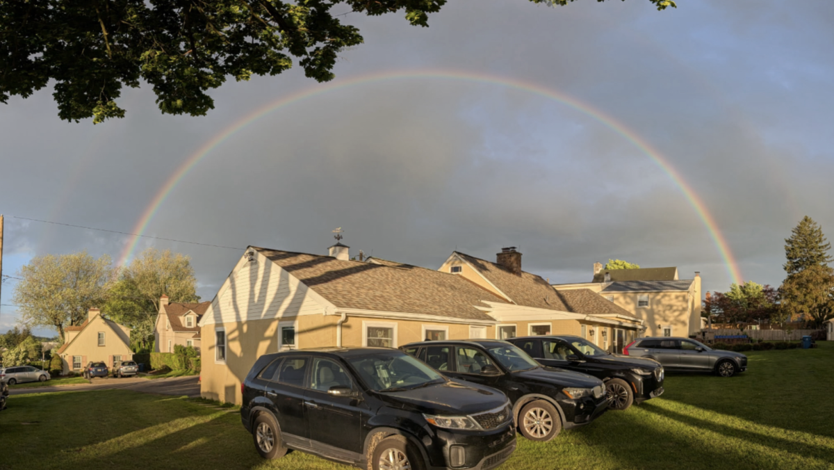A rainbow shines over the Norcini parking lot near the Devon Horse Show
