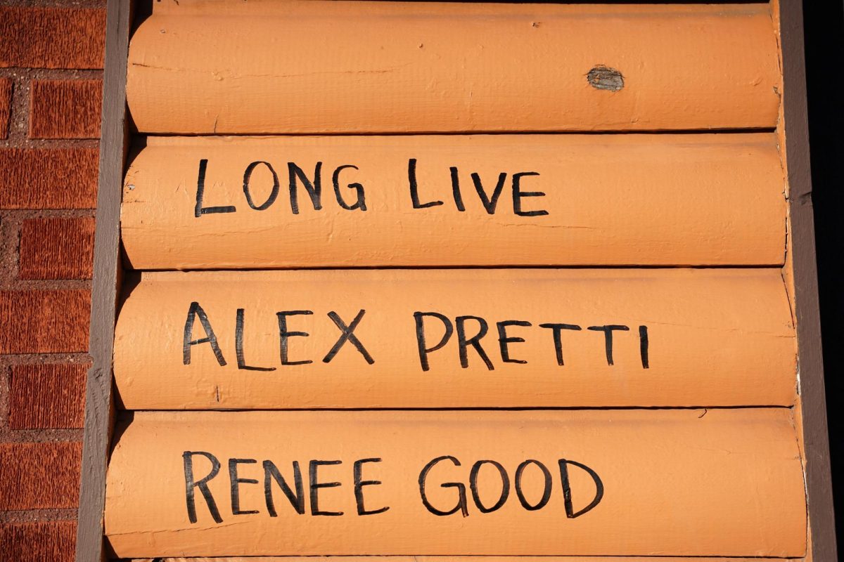 The names of Alex Pretti, who was fatally shot by federal immigration agents trying to detain him on January 24, and Renee Nicole Good, who was fatally shot by a U.S. Immigration and Customs Enforcement (ICE) agent on January 7, are written on a wall near a makeshift memorial at the site where Pretti was fatally shot, in Minneapolis, Minnesota, U.S., January 28, 2026. REUTERS/Seth Herald
