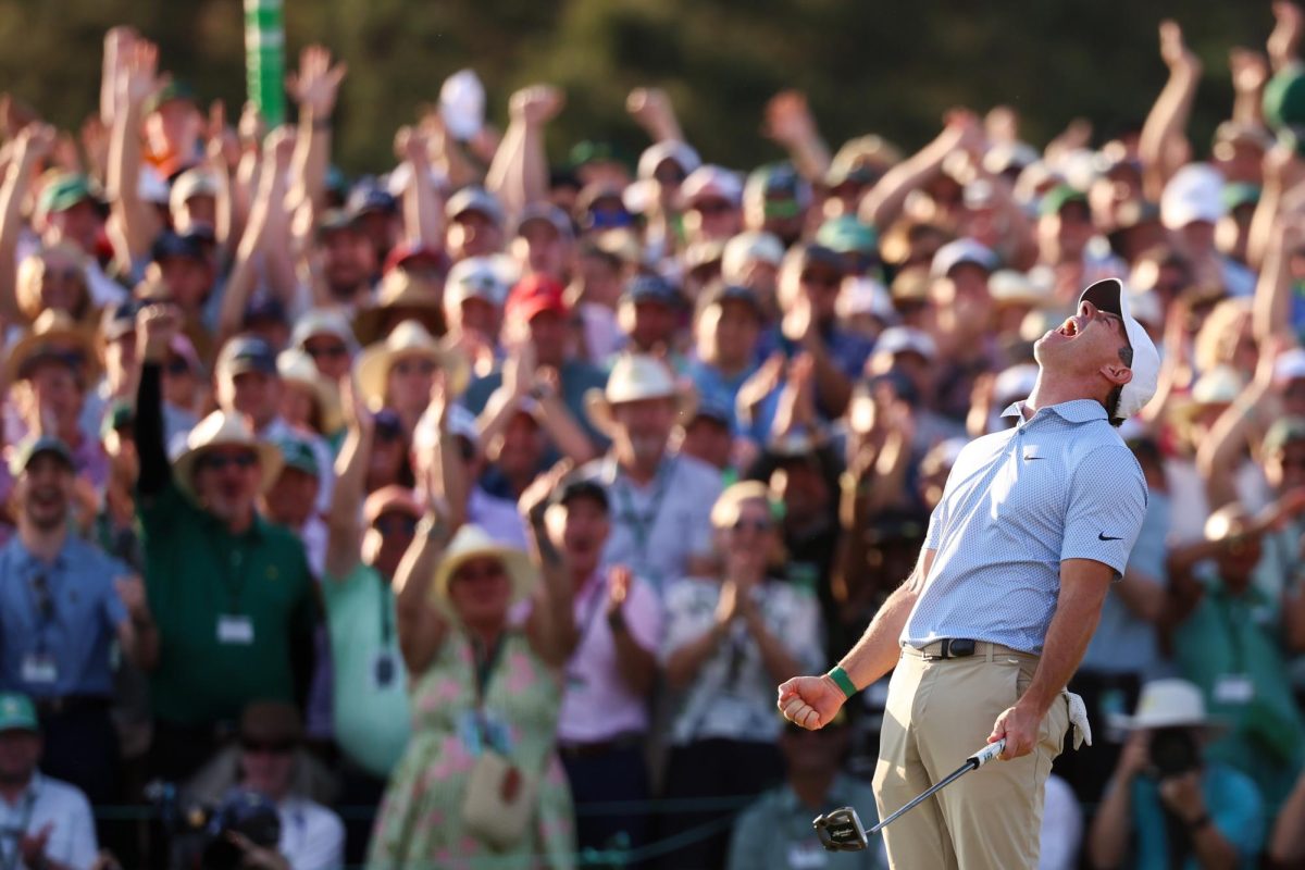 Apr 12, 2026; Augusta, Georgia, USA; Rory McIlroy reacts after making a putt to win the 2026 Masters Tournament at Augusta National Golf Club. Mandatory Credit: Bill Streicher-Imagn Images
